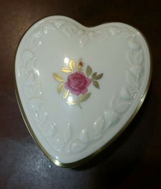 Vintage Lenox Porcelain Heart Covered Dish Pink Rose 24k Gold Accents