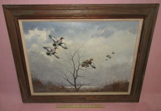 Vintage Kenneth Smallwood Oil Painting Ducks In Flight Hunting Water Pond Scene