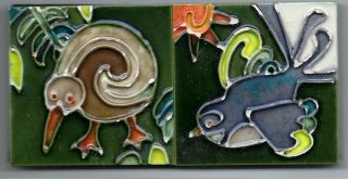2 X Hand Painted Ceramic Tiles Zealand Kiwi And Fantail Mosaic