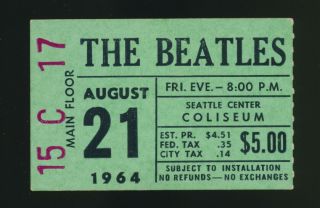 Beatles Vintage 1964 Seattle Center Coliseum Concert Ticket Stub Green Version
