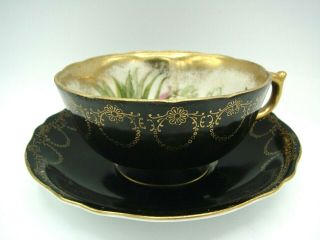 Vintage Royal Sealy China Black Gold Floral Iridescent Teacup And Saucer Japan