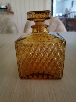 Amber Pressed Glass Diamond Cut Square Bottle Decanter With Stopper
