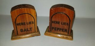 Vintage Wood Gravestones Salt And Pepper Shakers Tomb Stones Here Lies Salt