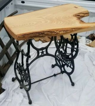 Antique Cast Iron Sewing Machine Table Ash Live Edge Wood Top Rustic