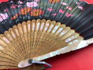 Vtg Hand Painted Black Silk Bamboo Mother Of Pearl Folding Fan Japan