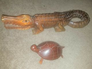 Jamaican Hand Carved Wood Alligator And Turtle Circa 1998