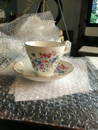 Royal Stuart Teacup And Saucer Pink,  Blue,  And Yellow Floral Bouquet