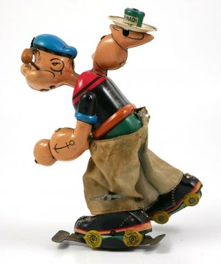 Vtg Line Mar Toys 1960s Tin Litho Wind - Up Popeye On Roller Skates & Spinach