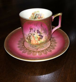 Antique Bavaria Tea Cup And Saucer Hand Painted Victorian Couple Gilded Gold Rim