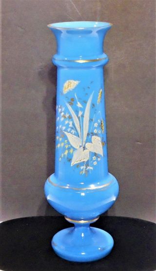 Antique Victorian Blue Bristol Glass 12 " Vase Hand Painted Enamel Flowers