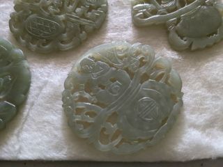 Set of 5 Vintage Chinese Carved Green Jade Pendant Medallions 3