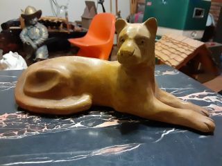 Vintage Wooden Wood Hand Carved Mountain Lion 8 " X 4 " Unique Crude Folk Art Cat