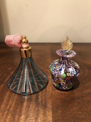 2 Murano Glass Perfume Bottles From Italy Blue & Pink / Multicolor Millefiori