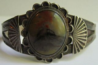 Vintage Navajo Indian Silver Scenic Arizona Rainbow Petrified Wood Cuff Bracelet