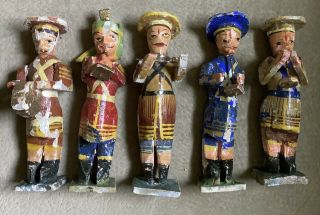 5 Vintage Hand Carved Wooden Band Musical Figures