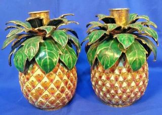 Vintage Pair Set Of 2 Enameled Brass Cloisonne Pineapple Candle Holder 5”x 4” Ea