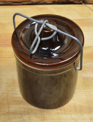 Vintage Brown Glazed Cheese/butter Stoneware Crock With Wire Bail Lid