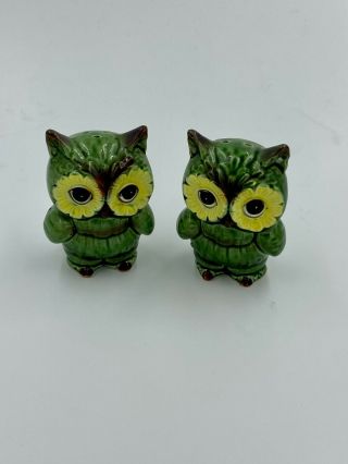 Vintage Lefton Owl Salt & Pepper Shaker Set - H6836 Japan Exclusive Green Yellow