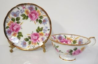 Vintage Royal Castle Fine Bone China Footed Cup And Saucer Set Flowers Spray