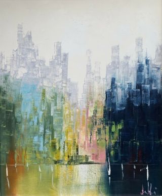 Vintage Abstract Cityscape Painting Mid Century Modern Art Wall Hanging