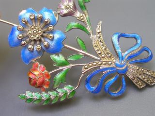 Vtg Art Deco Sterling Silver Enamel Marcasite Flower Floral Pin Brooch