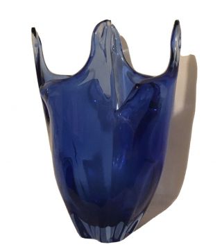 Cobalt Blue Fluted Glass Vase Large Hand Blown Asymmetrical Vintage Style Vgc