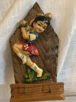 Vintage Wooden Key Holder Wall Decor Carved Girl Marching 2 Hooks Camp 6.  5” Tall