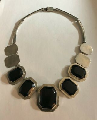 Vintage 1970s Taxco Sterling Silver And Black Onyx Necklace Chunky 118g