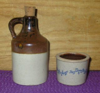 Antique Miniature Brown Stoneware Jug & Small Decorated Crock
