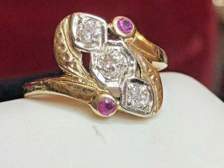 Vintage Estate 14k Gold Retro Natural Diamond & Red Ruby Ring Bypass