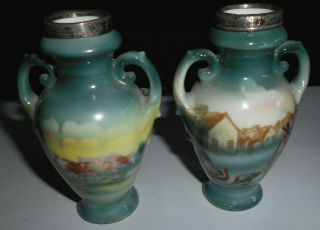Antique Royal Bayreuth Porcelain Vase German Pottery Hall Marked Silver Tops