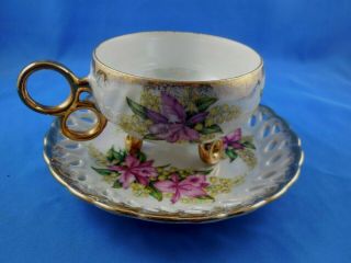 Vintage Cup & Saucer Royal Halsey Very Fine Lustreware Gold Trim Florals