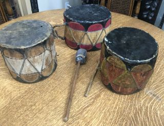 Three Vintage Native American Cochiti Pueblo Painted Drums & Two Drum Sticks