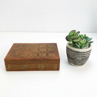 Vintage Wooden Box With Decorative Brass Inlay Design 9” X 6” Jewelry