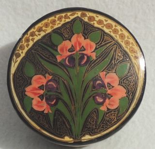 Vtg Round Russian Mstera Lacquer Paper Mache Hand Painted Flowers India Box 3986