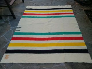 Vintage Hudson’s Bay Company 4 Point Stripe Blanket 100 Wool Made In England 2