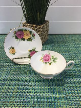 Cup & Saucer By Crownford Fine Bone China Made In England Pink & Yellow Roses