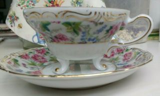 Vintage Floral Gold 3 - Footed Teacup And Saucer Yada Bone China Made In Japan.