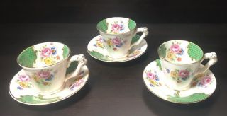 Set Of 3 English China Tea Cups Saucers Floral W Gold Trimming James Kent Fenton