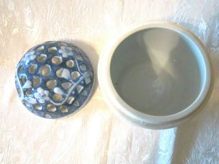 Vintage Blue & White Vase Grid Flower Frog Ceramic Collectible Bottom Signed 2