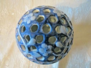 Vintage Blue & White Vase Grid Flower Frog Ceramic Collectible Bottom Signed 3
