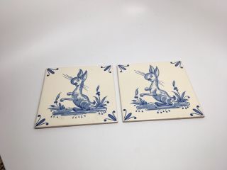 Pair (2) Azupal Pombal Portugese Tiles - Hand Painted Blue/white Rabbit Design