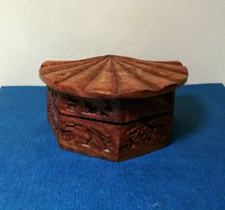 Vintage Hand Carved Wooden Box Made In India Shell - Shaped Floral Inlay Box