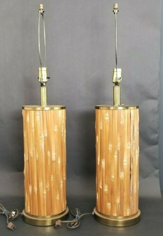 Vintage Set of 2 Mid Century Modern Bamboo and Brass MCM Table Lamps 2