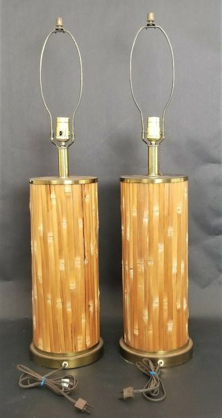 Vintage Set of 2 Mid Century Modern Bamboo and Brass MCM Table Lamps 3