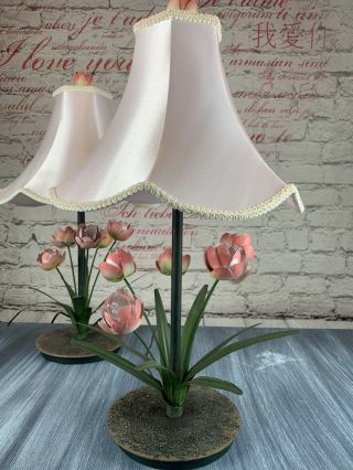 Vintage Pair Tulip Metal Table Lamps Pink / White.  (1980s Pop Art Mcm Bliss?)