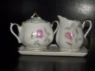 Japan Roses Creamer & Sugar Bowl Set On Tray 120/5 Japan Vintage