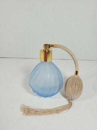 Perfume Atomizer Bottle Light Blue Swirled Glass With Beige Bulb Pump