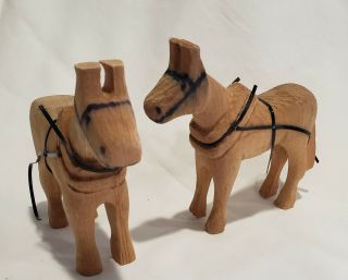 Set Of Two Vintage Primitive Hand Carved Wooden Wagon Harness Horses