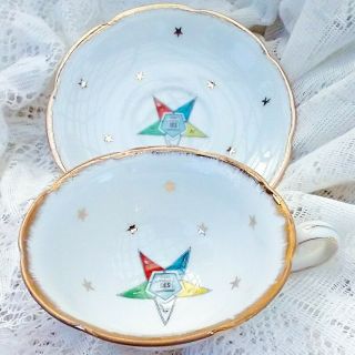 Vintage Lefton China Tea Cup & Saucer Set Oes Masonic Order Of The Eastern Star